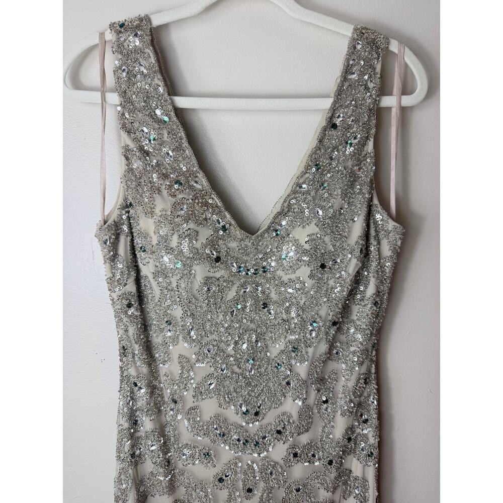 AIDAN MATTOX DRESS GOWN SILVER GREEN SEQUINS WEDDING GUEST DRESS EVENING FORMAL - Picture 6 of 12